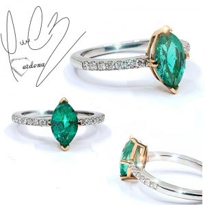 ANILLO ORO BLANCO Y ROSA 18 K CON ESMERALDA TALLA MARQUESE 1 CT ADORNADA CON DIAMANTE NATURAL 0,15 CT - hover