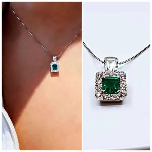 Cadena y dije oro blanco 18 k con  esmeralda natural 0,40 ct adornado con diamante natural 0,15 ct peso total aproximado - hover
