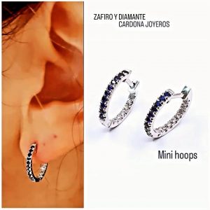 Candongas mini oro blanco 18 k con zafiro natural 0,2 ct y Diamante natural 0,22 ct - hover