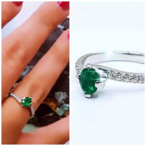 Anillo HANNA oro blanco 18 K con esmeralda natural talla ovalada y diamante - hover